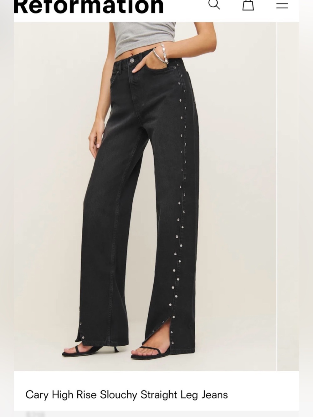 Reformation Cary Black High-Rise slouchy Wide-Leg Jeans with Side Studs 23